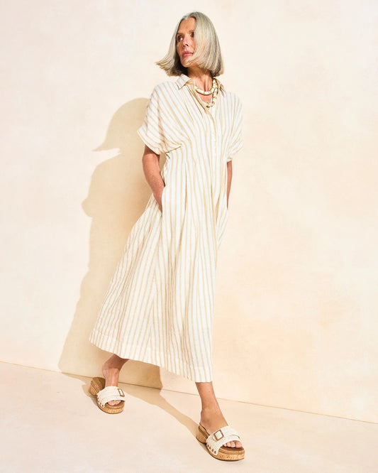 Chico's Linen-Blend Metallic Striped Dress Alabaster