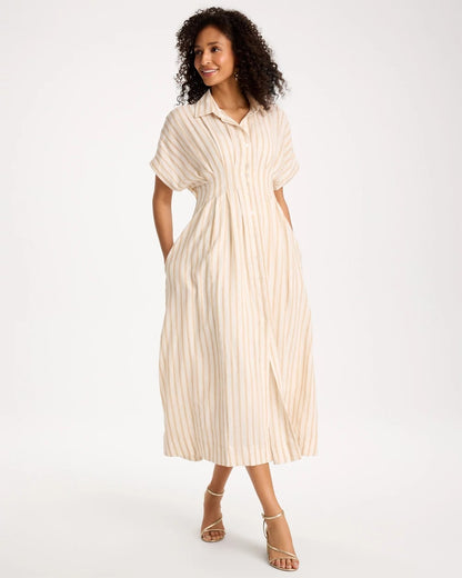 Chico's Linen-Blend Metallic Striped Dress Alabaster