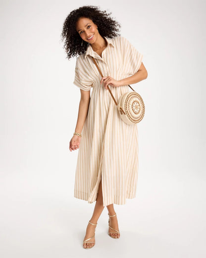 Chico's Linen-Blend Metallic Striped Dress Alabaster