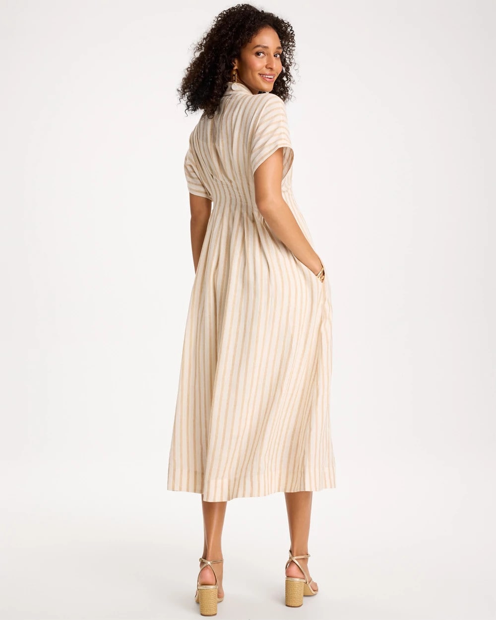 Chico's Linen-Blend Metallic Striped Dress Alabaster