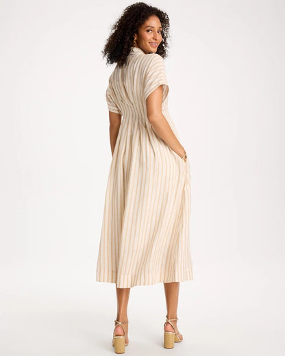 Chico's Linen-Blend Metallic Striped Dress Alabaster