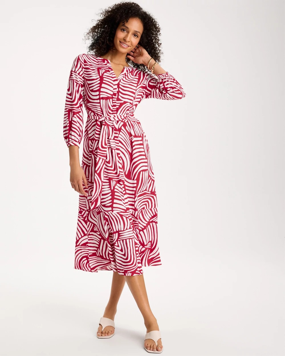 Chico's Printed Midi Shirt Dress Cherry Lush