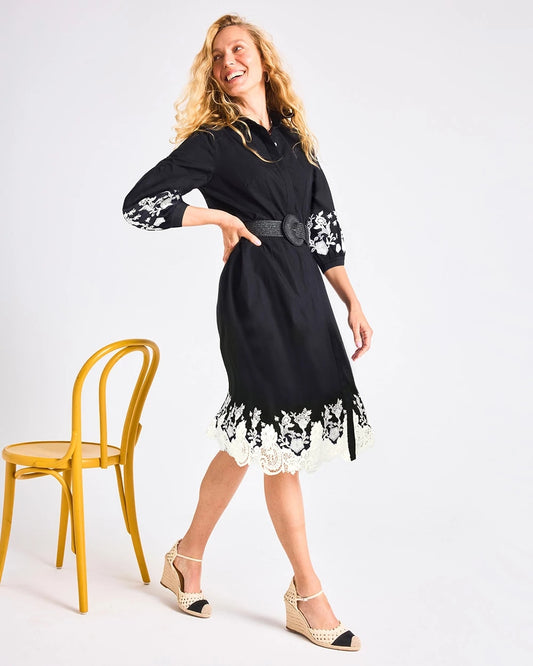Chico's Cotton Lace Trim Shirtdress Black