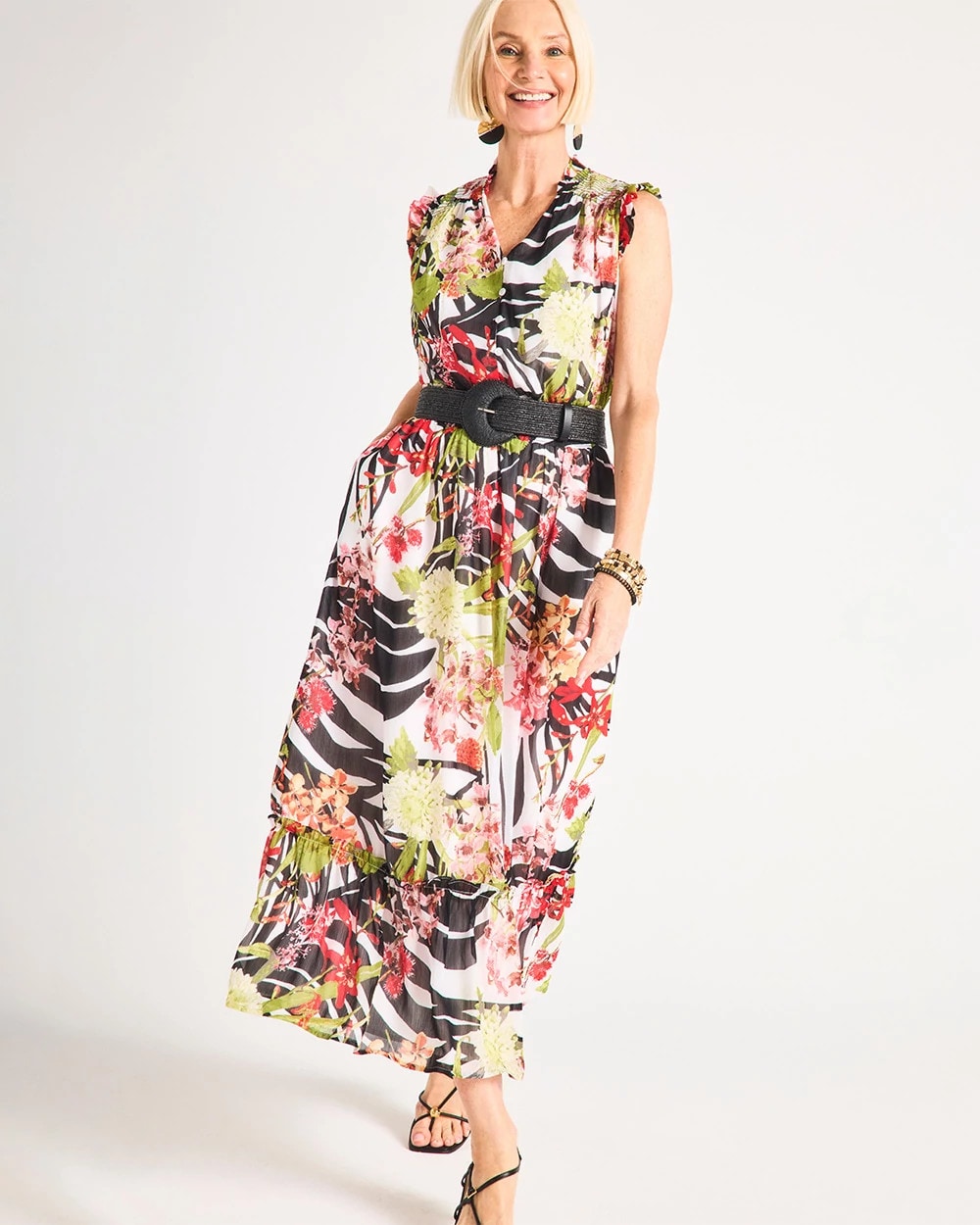 Chico's Crinkle Chiffon Animal Print Dress Black