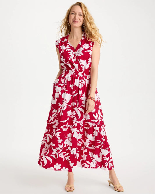 Chico's Smocked Floral Maxi Dress Cherry Lush