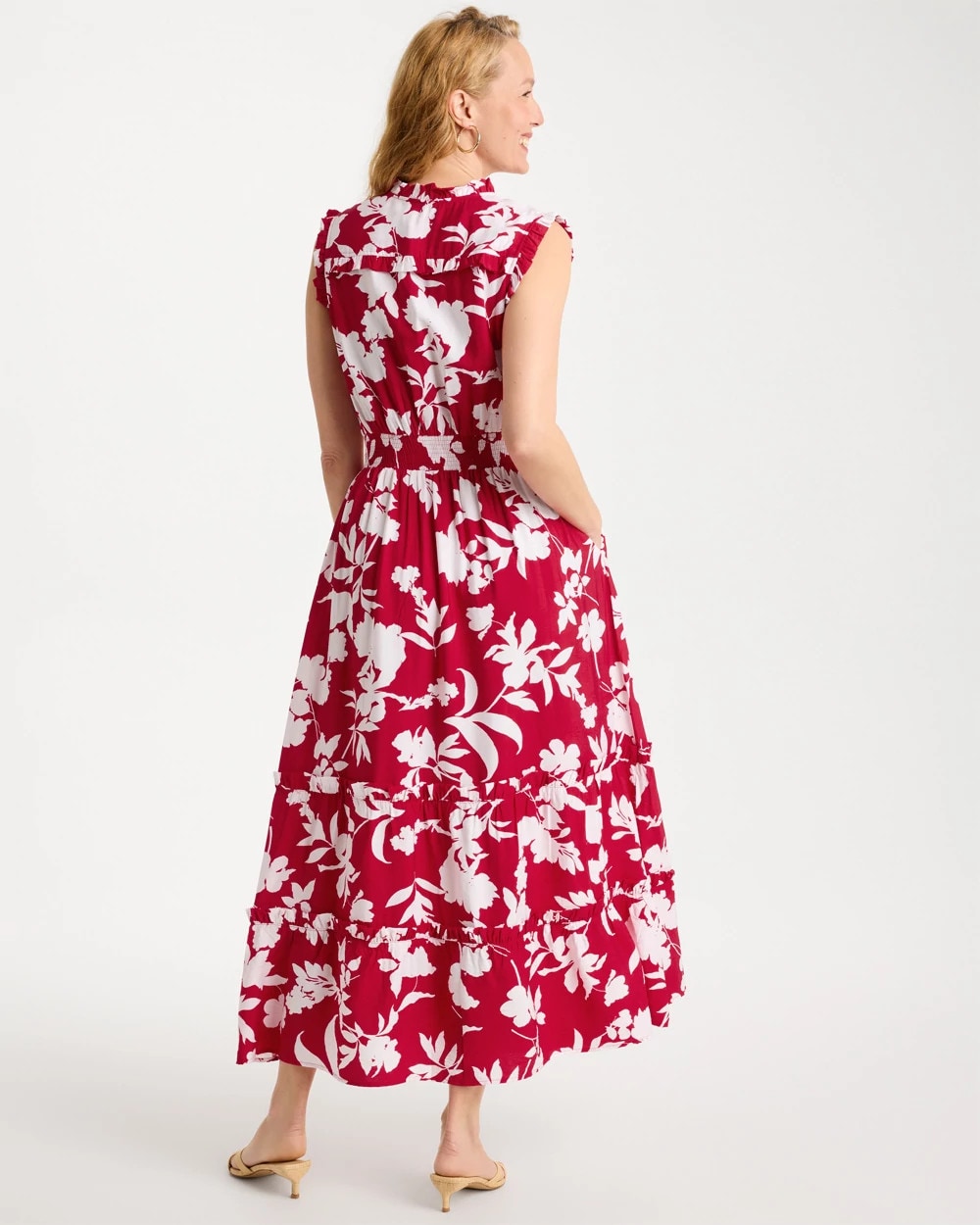 Chico's Smocked Floral Maxi Dress Cherry Lush
