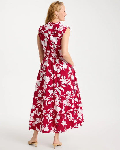 Chico's Smocked Floral Maxi Dress Cherry Lush