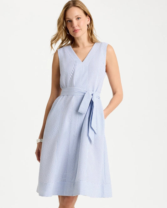 Chico's Seersucker V-Neck Sleeveless Dress Light Blue