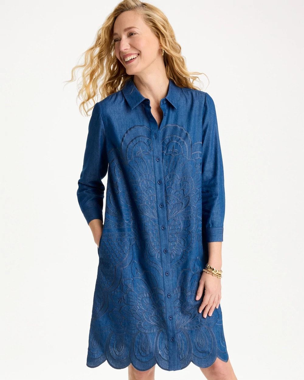 Chico's Denim Embroidered Dress Indigo