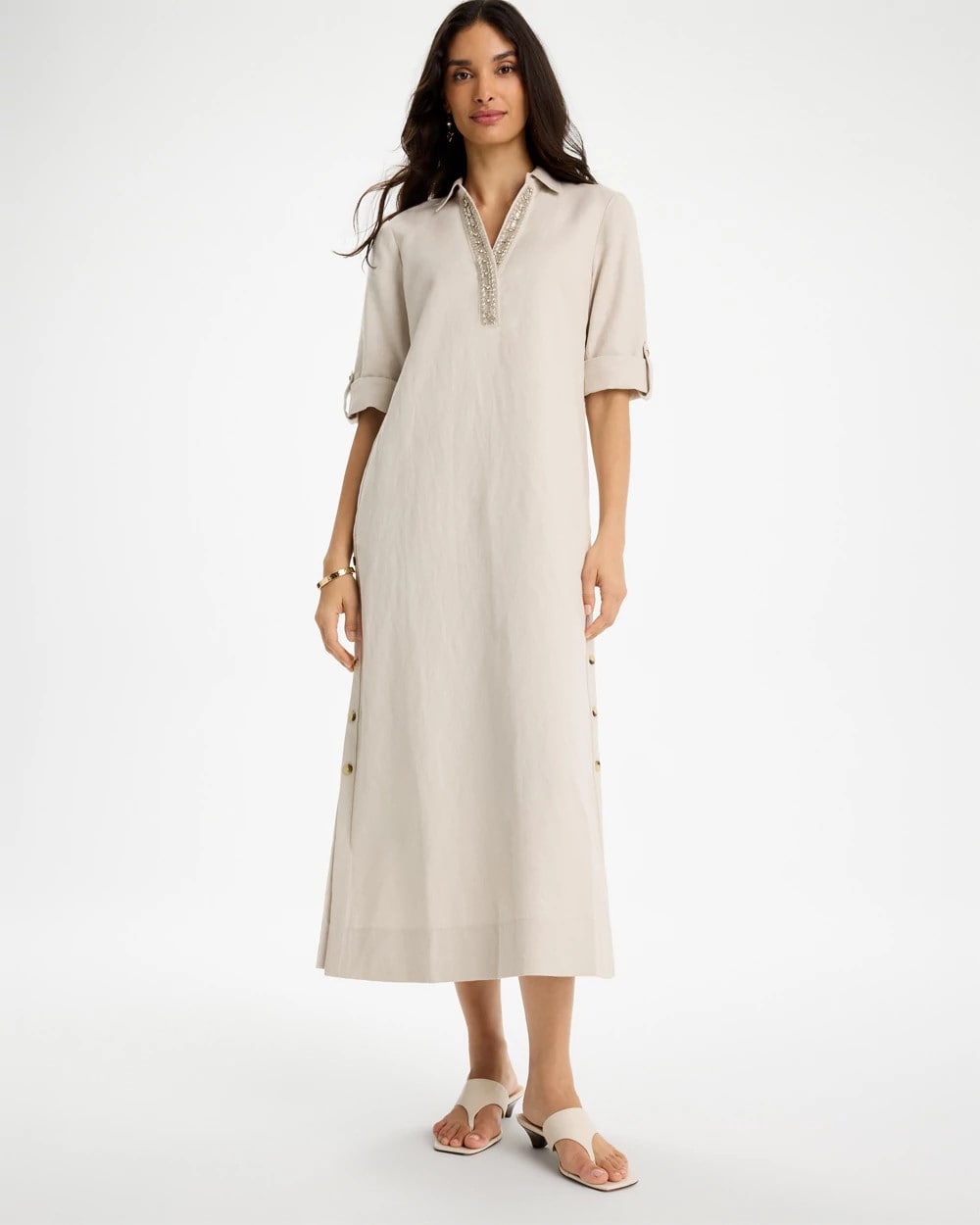 Chico's Embellished Linen Dress River Rock