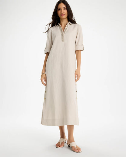 Chico's Embellished Linen Dress River Rock