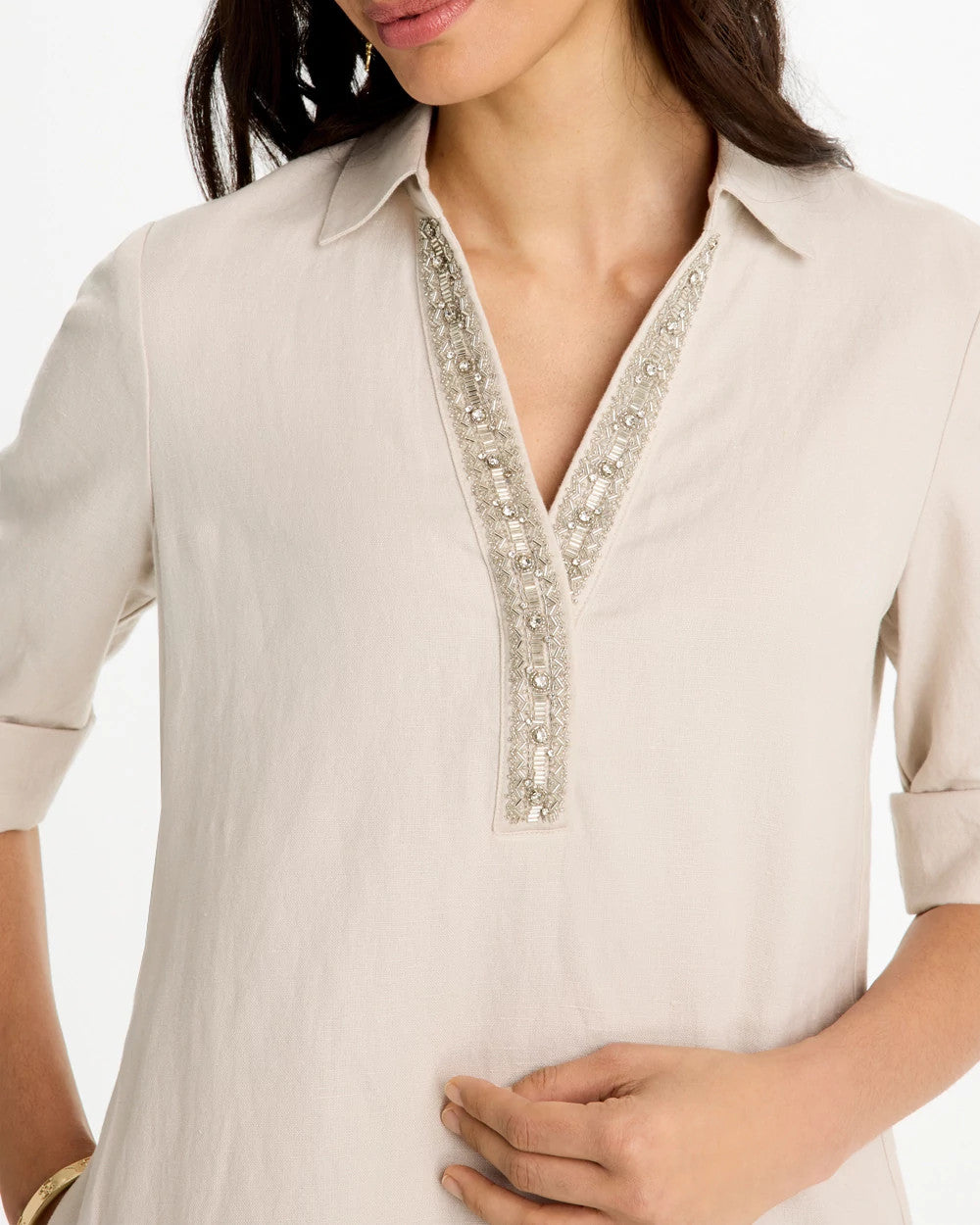 Chico's Embellished Linen Dress River Rock