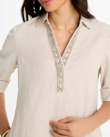 Chico's Embellished Linen Dress River Rock