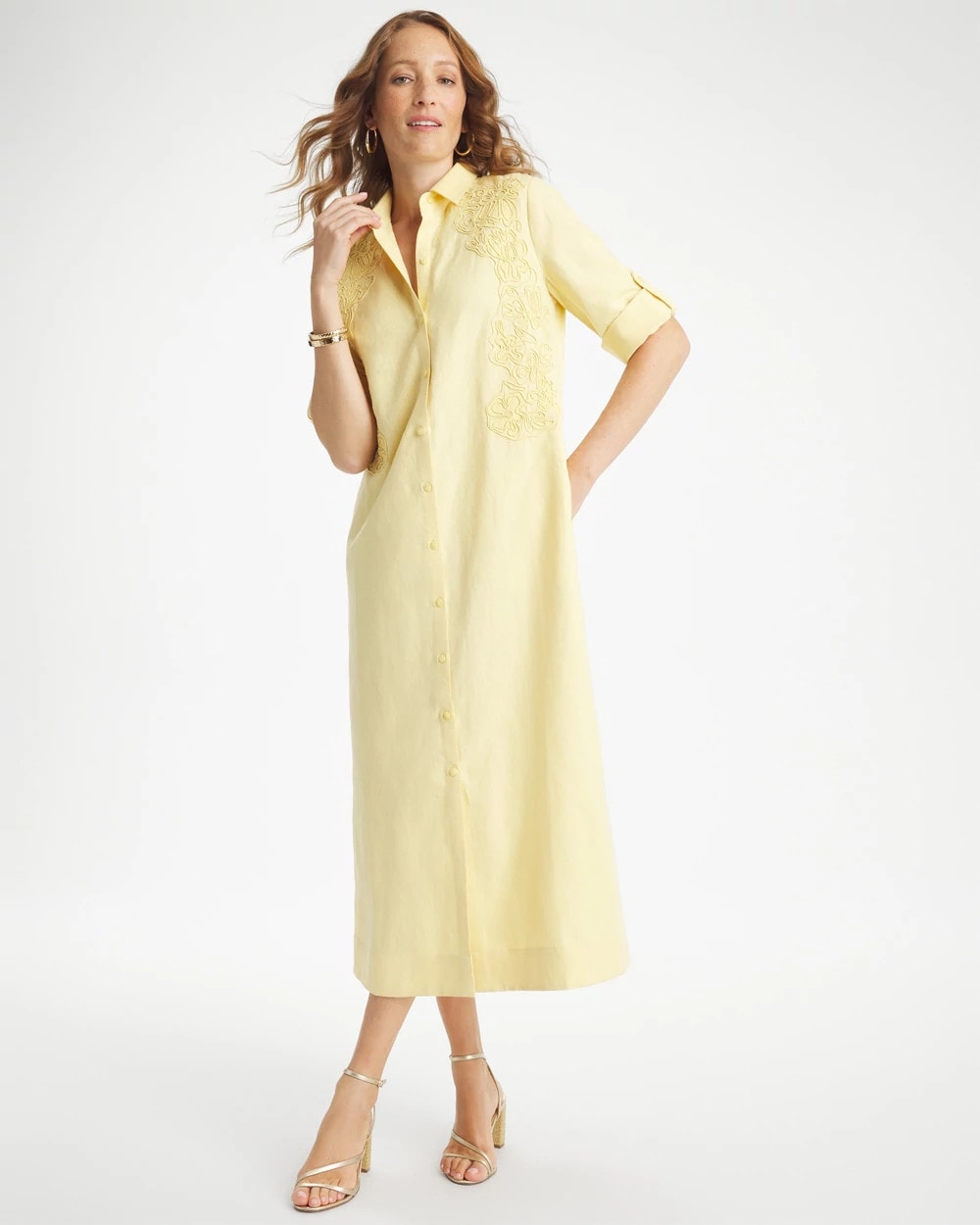 Chico's Embellished Linen-Cotton Shirtdress Golden Haze