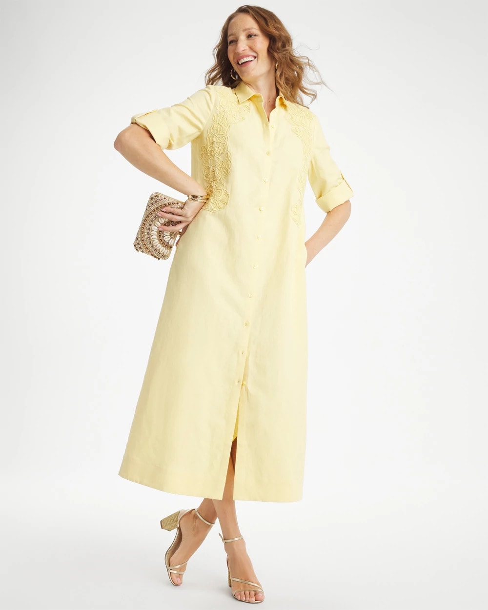 Chico's Embellished Linen-Cotton Shirtdress Golden Haze