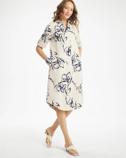 Chico's Printed Linen-Cotton Shirtdress Passport Blue