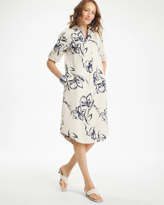 Chico's Printed Linen-Cotton Shirtdress Passport Blue