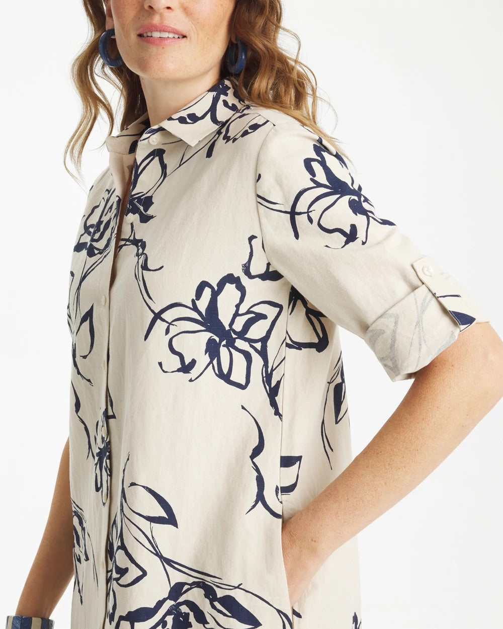 Chico's Printed Linen-Cotton Shirtdress Passport Blue