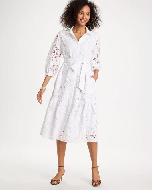 Chico's Lace Cutout Belted Shirtdress Alabaster