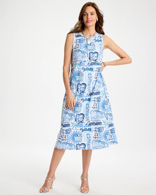 Chico's Soft-Stretch Sleeveless Tropical Dress Passport Blue