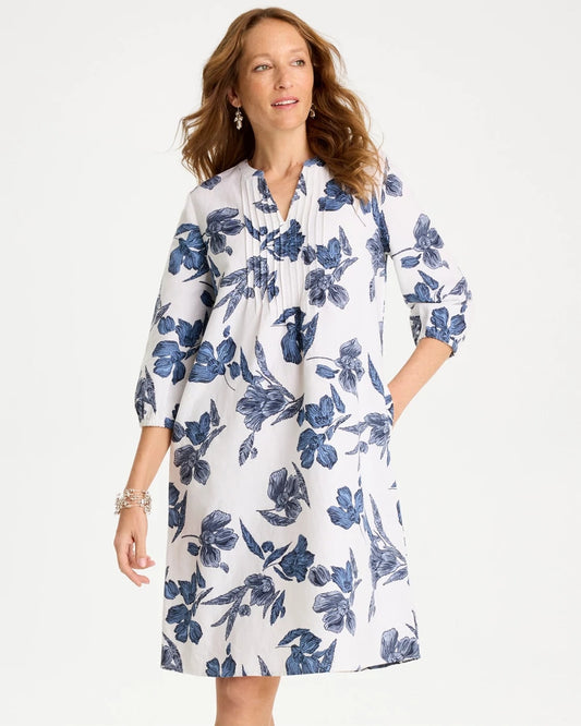 Chico's Floral Linen-Cotton Pintuck Dress Alabaster