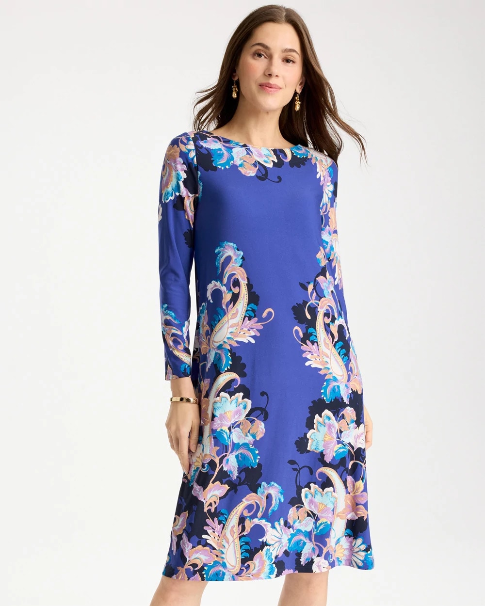 Chico's Jersey Knit Baroque Shift Dress Amparo Blue