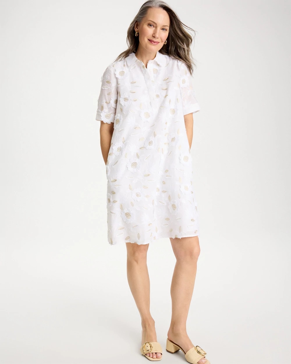 Chico's 3D Floral Embroidered Dress Alabaster