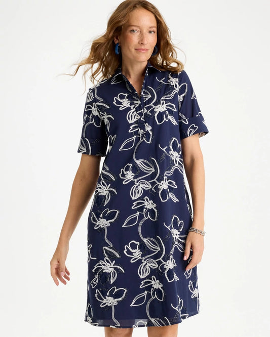 Chico's Embroidered Floral Dress Passport Blue