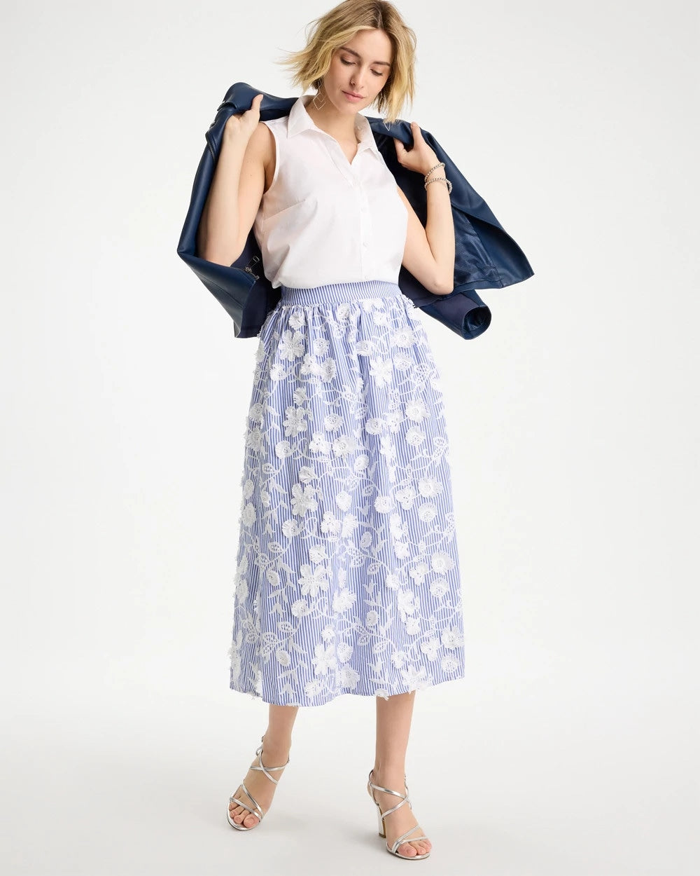 Chico's Cotton Embroidered Floral Skirt Alabaster