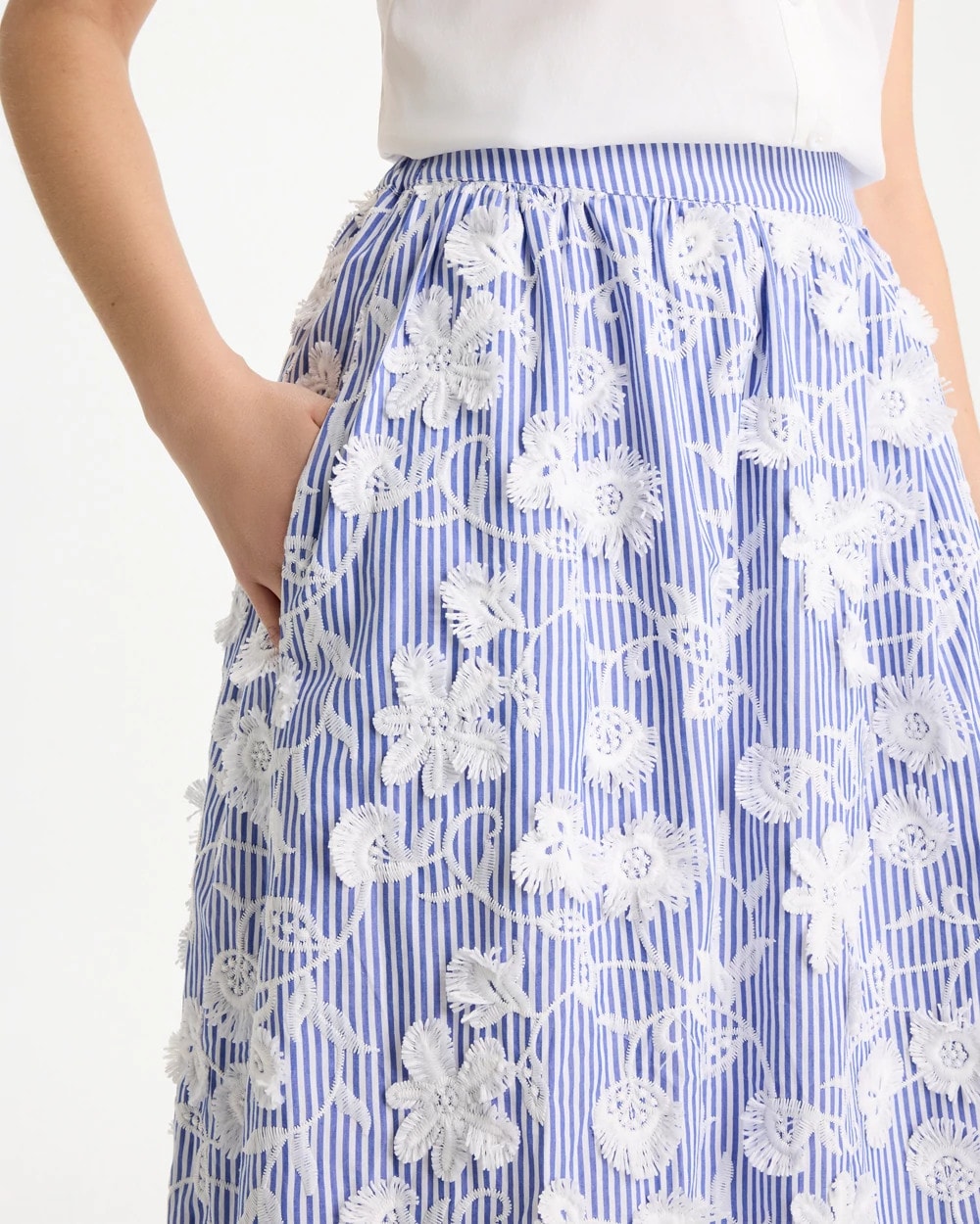 Chico's Cotton Embroidered Floral Skirt Alabaster