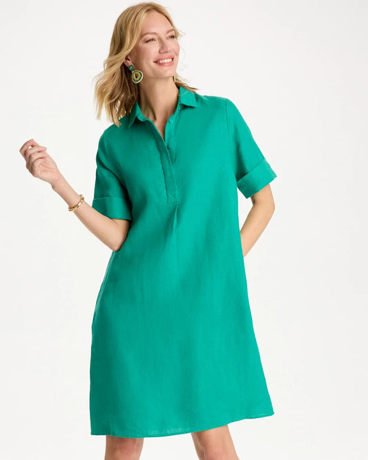 Chico's Linen Popover Dress Topanga Green