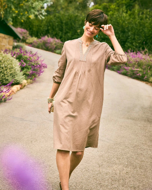 Chico's Linen-Cotton Pintuck Dress Topaz Smoke