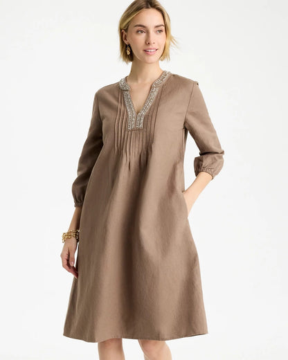 Chico's Linen-Cotton Pintuck Dress Topaz Smoke