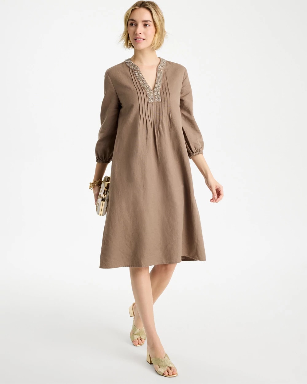 Chico's Linen-Cotton Pintuck Dress Topaz Smoke
