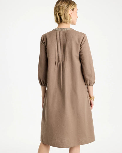 Chico's Linen-Cotton Pintuck Dress Topaz Smoke