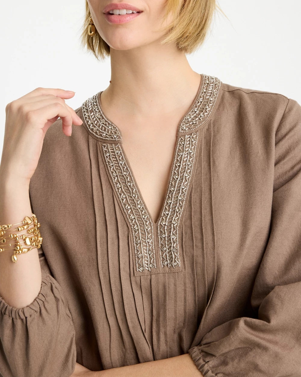 Chico's Linen-Cotton Pintuck Dress Topaz Smoke