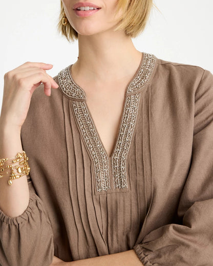 Chico's Linen-Cotton Pintuck Dress Topaz Smoke