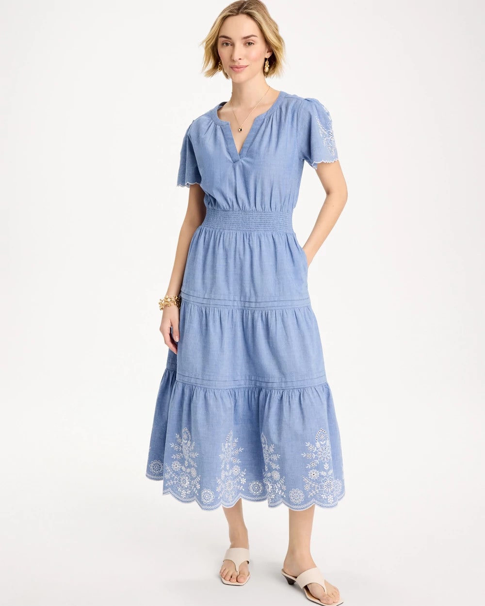 Chico's Chambray Embroidered Dress Light Indigo