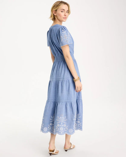 Chico's Chambray Embroidered Dress Light Indigo