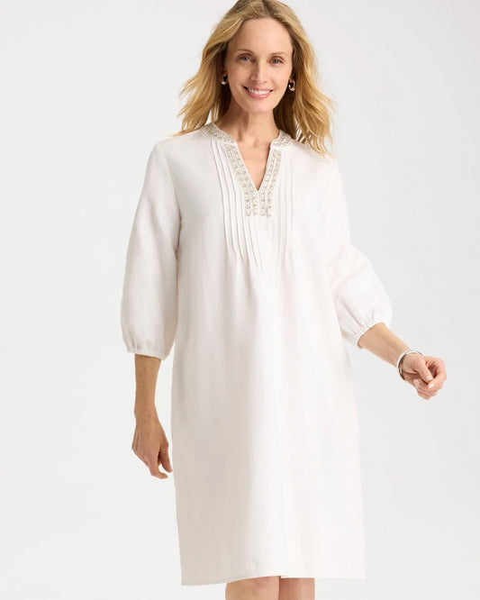 Chico's Embellished Pintuck Dress Alabaster