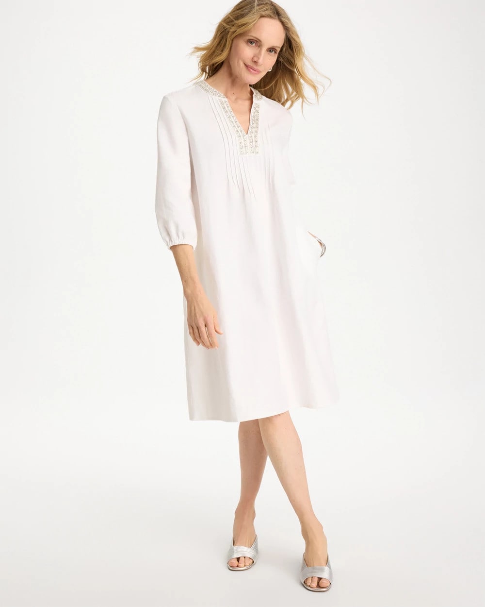 Chico's Embellished Pintuck Dress Alabaster