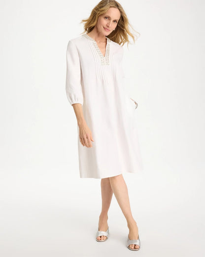 Chico's Embellished Pintuck Dress Alabaster