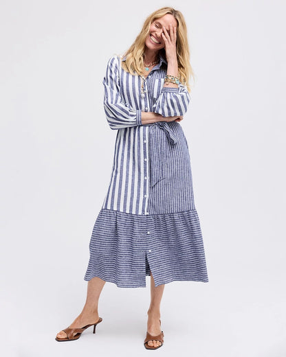 Chico's Linen-Cotton Striped Shirtdress Indigo