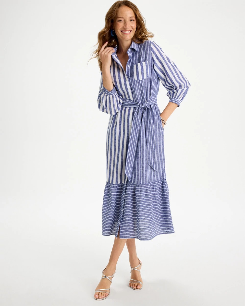 Chico's Linen-Cotton Striped Shirtdress Indigo