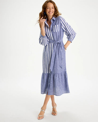Chico's Linen-Cotton Striped Shirtdress Indigo