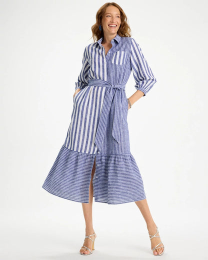 Chico's Linen-Cotton Striped Shirtdress Indigo