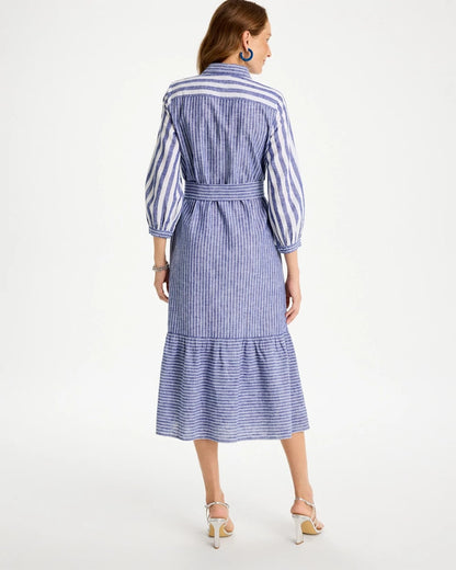 Chico's Linen-Cotton Striped Shirtdress Indigo
