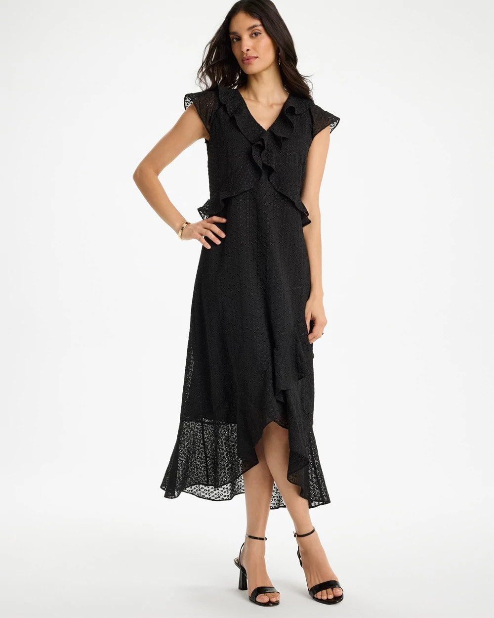 Chico's Floral Surplice Ruffled Dress Black