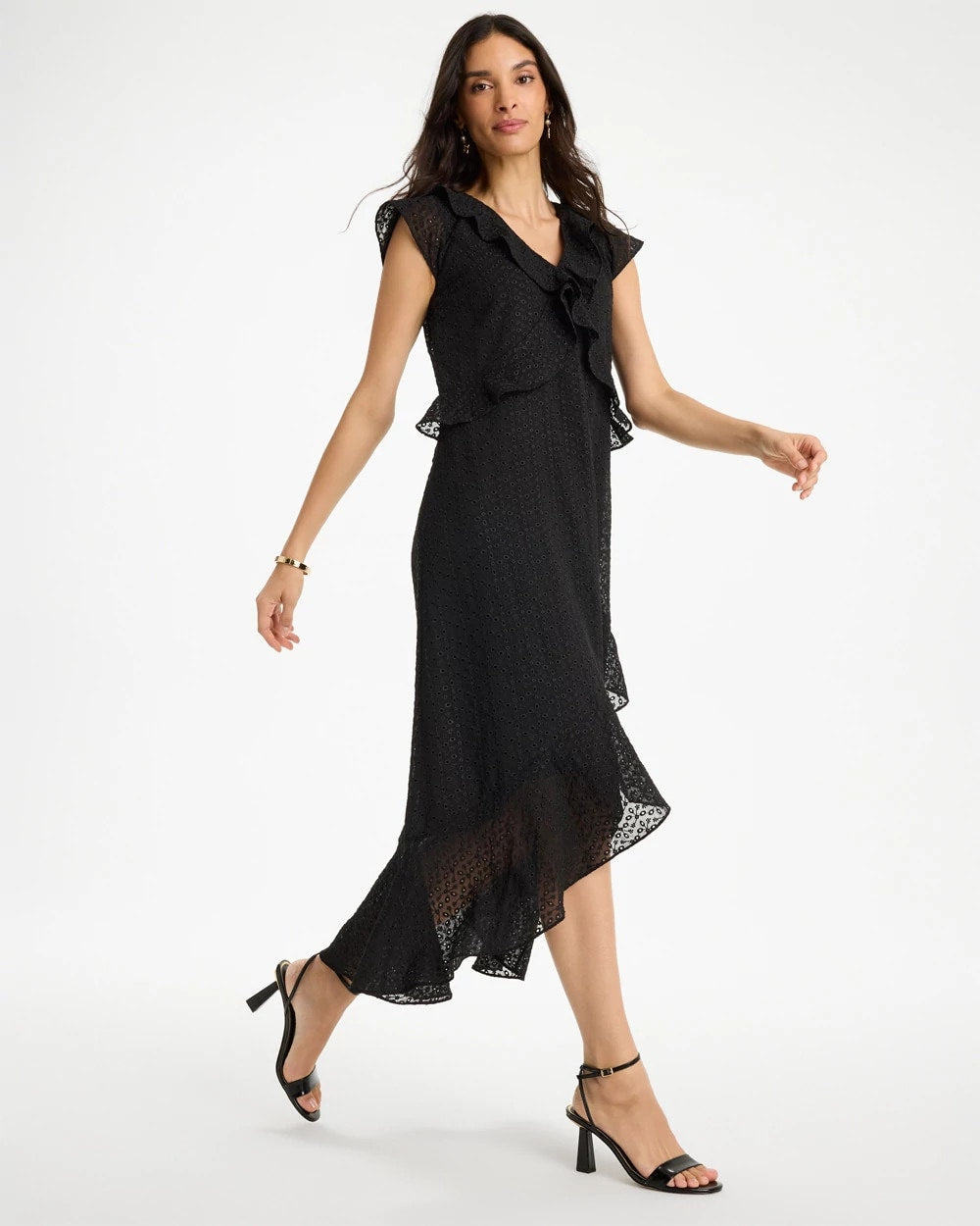 Chico's Floral Surplice Ruffled Dress Black