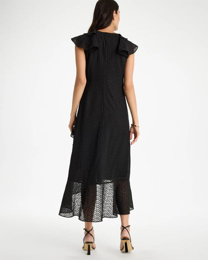 Chico's Floral Surplice Ruffled Dress Black